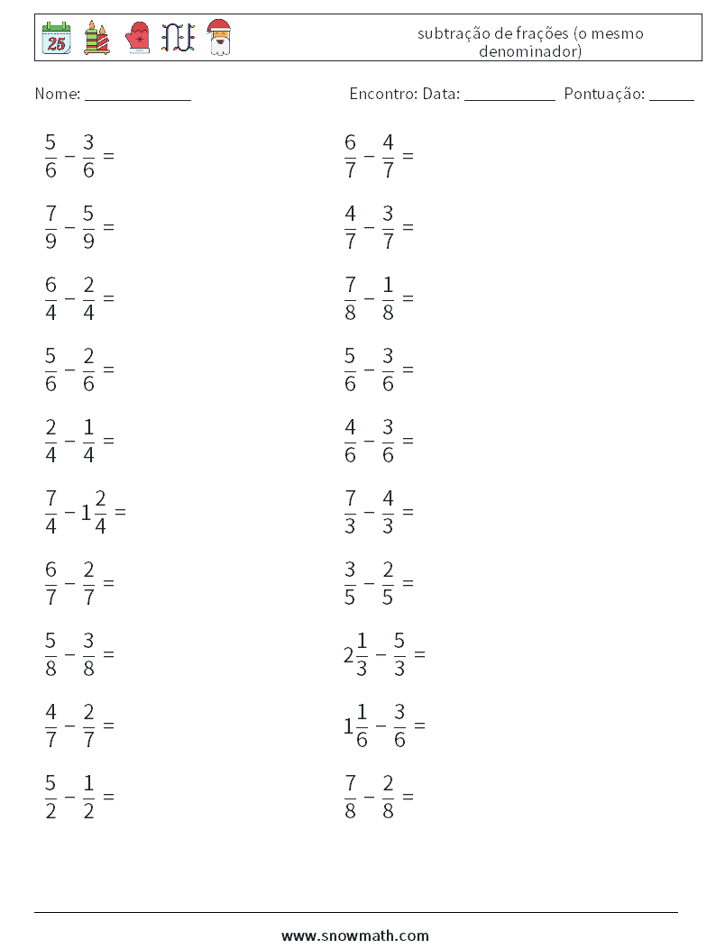 (20) subtração de frações (o mesmo denominador) planilhas matemáticas 10