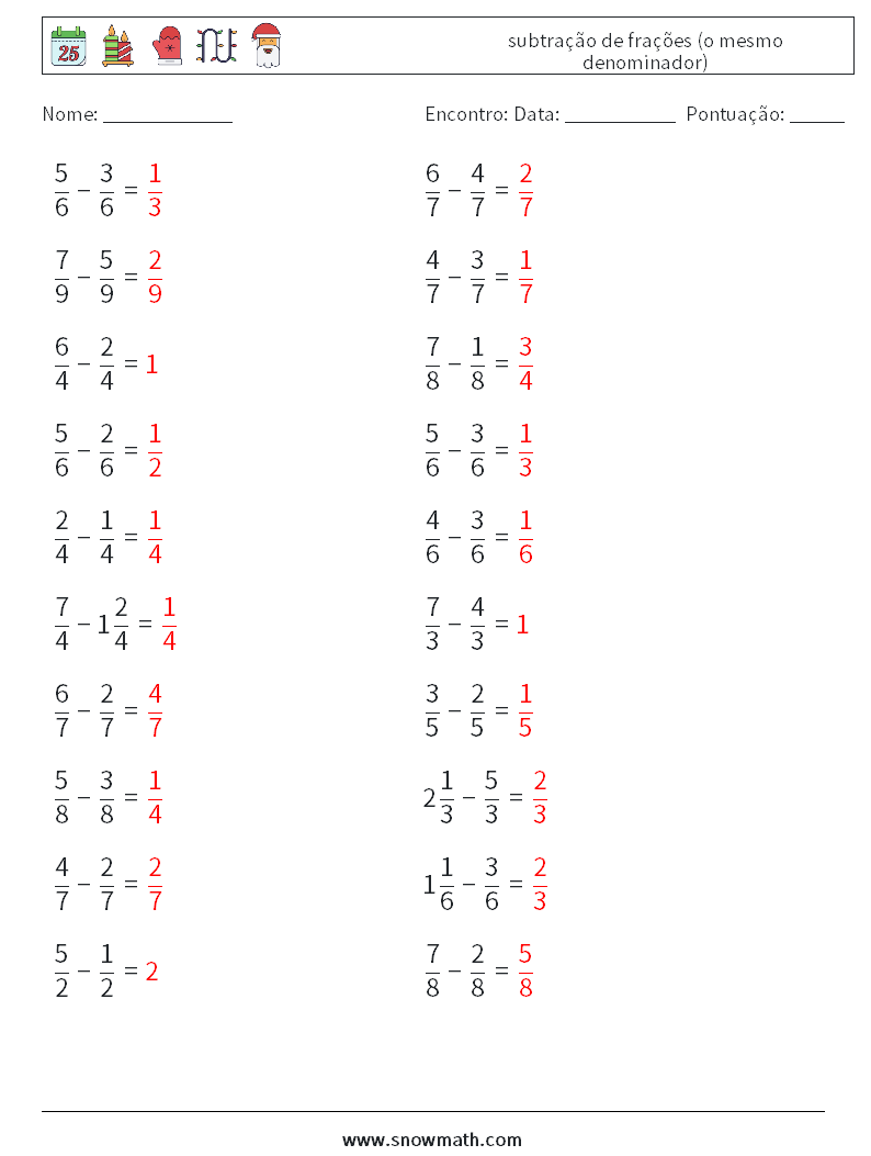 (20) subtração de frações (o mesmo denominador) planilhas matemáticas 10 Pergunta, Resposta