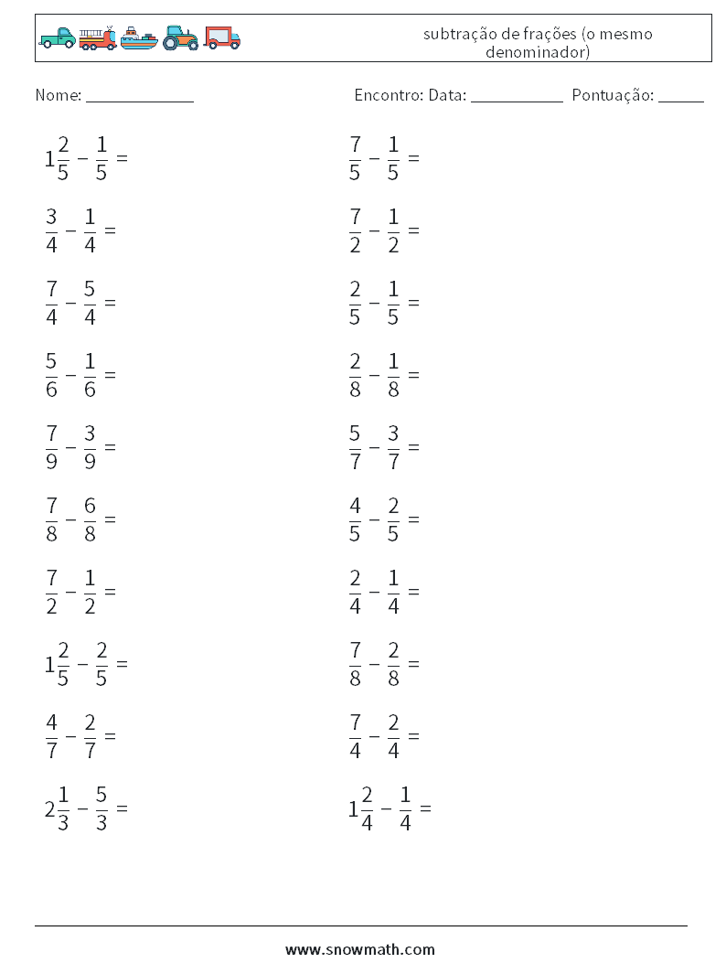 (20) subtração de frações (o mesmo denominador) planilhas matemáticas 11