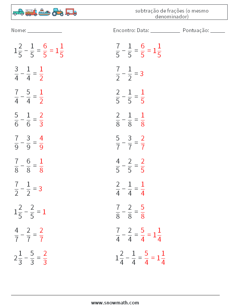 (20) subtração de frações (o mesmo denominador) planilhas matemáticas 11 Pergunta, Resposta
