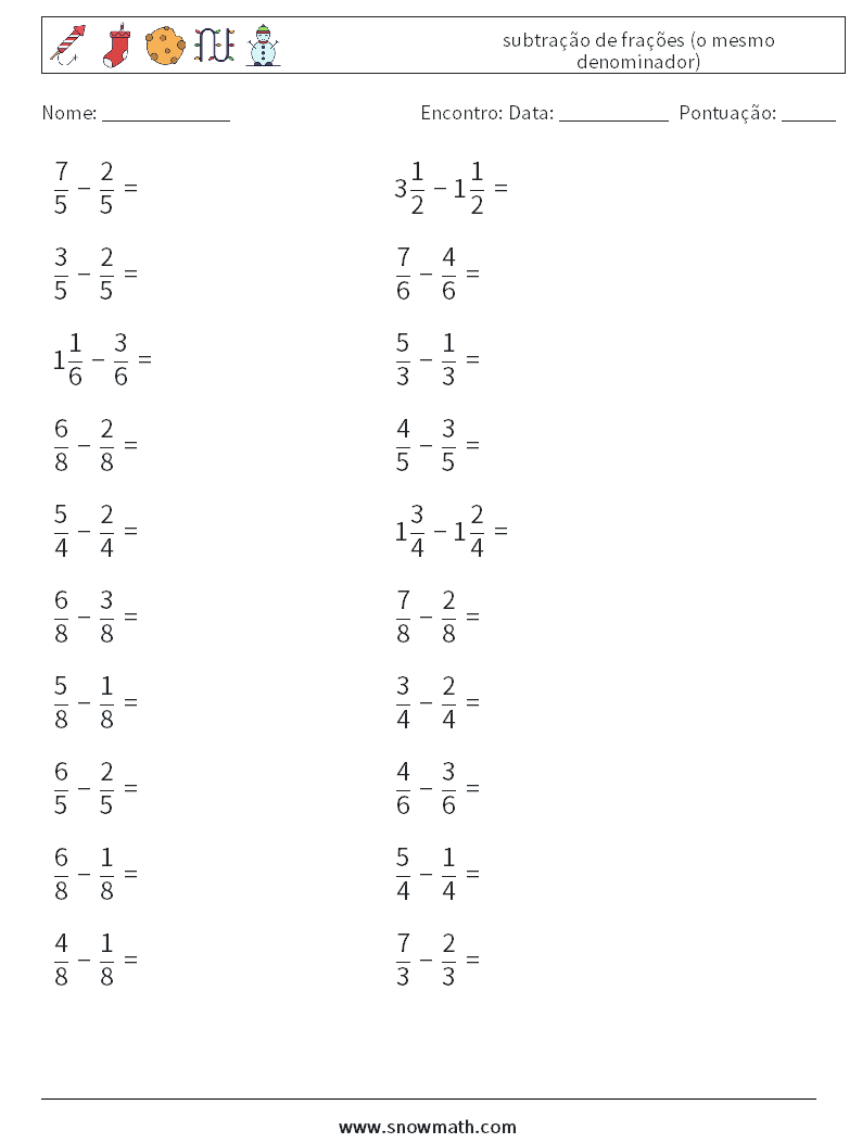 (20) subtração de frações (o mesmo denominador) planilhas matemáticas 12