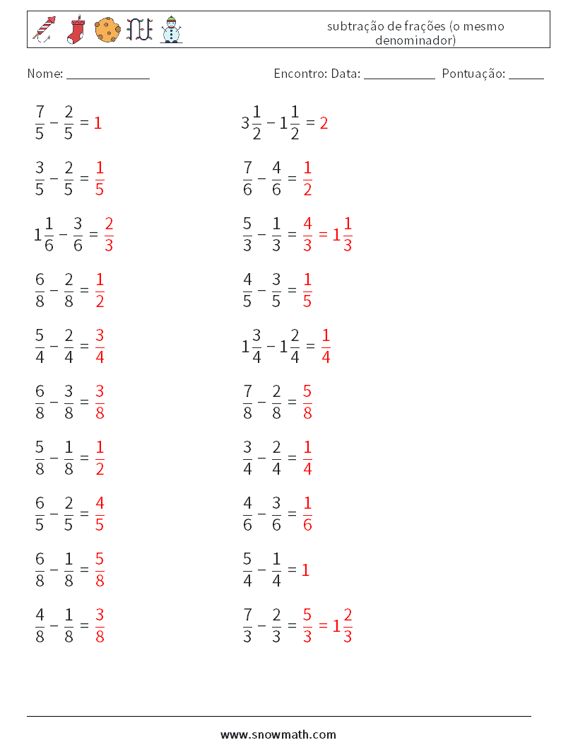 (20) subtração de frações (o mesmo denominador) planilhas matemáticas 12 Pergunta, Resposta