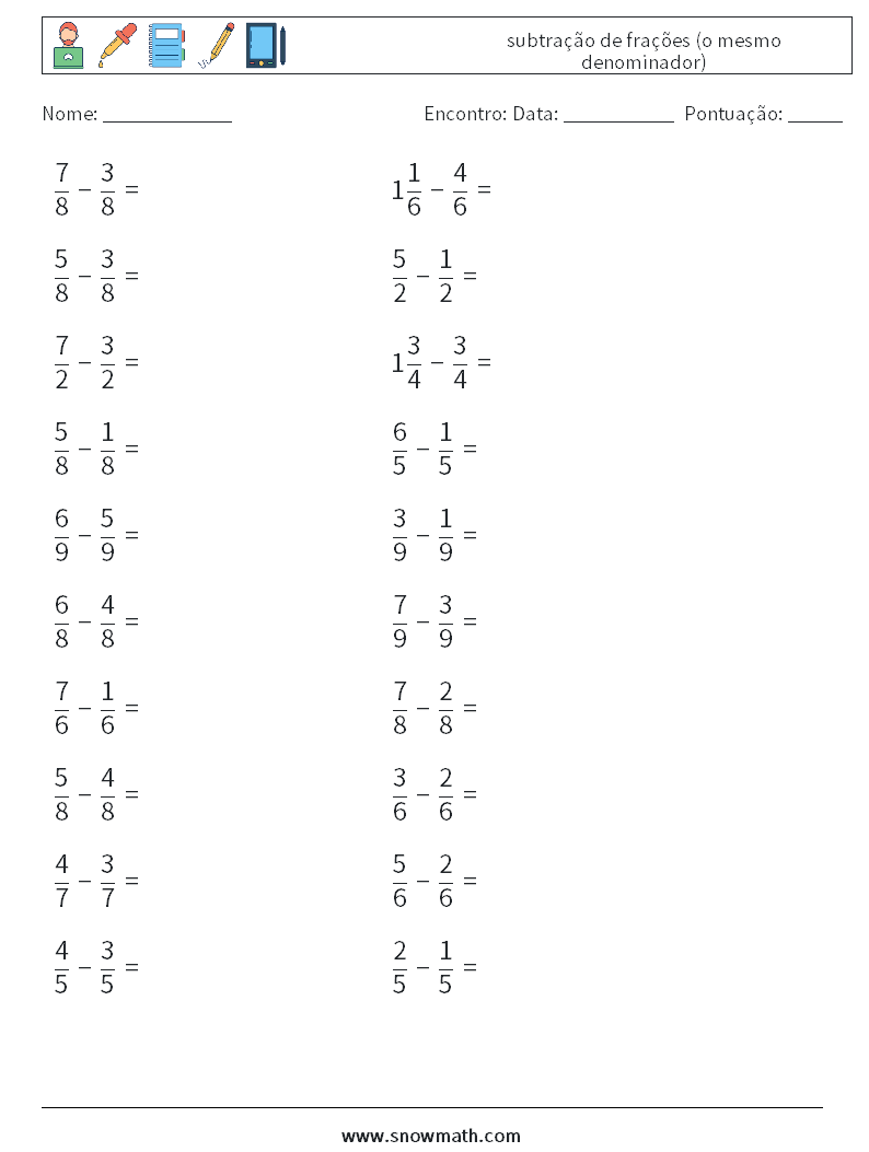 (20) subtração de frações (o mesmo denominador) planilhas matemáticas 13