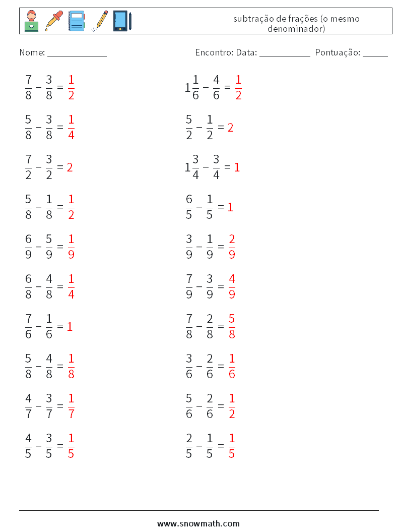 (20) subtração de frações (o mesmo denominador) planilhas matemáticas 13 Pergunta, Resposta