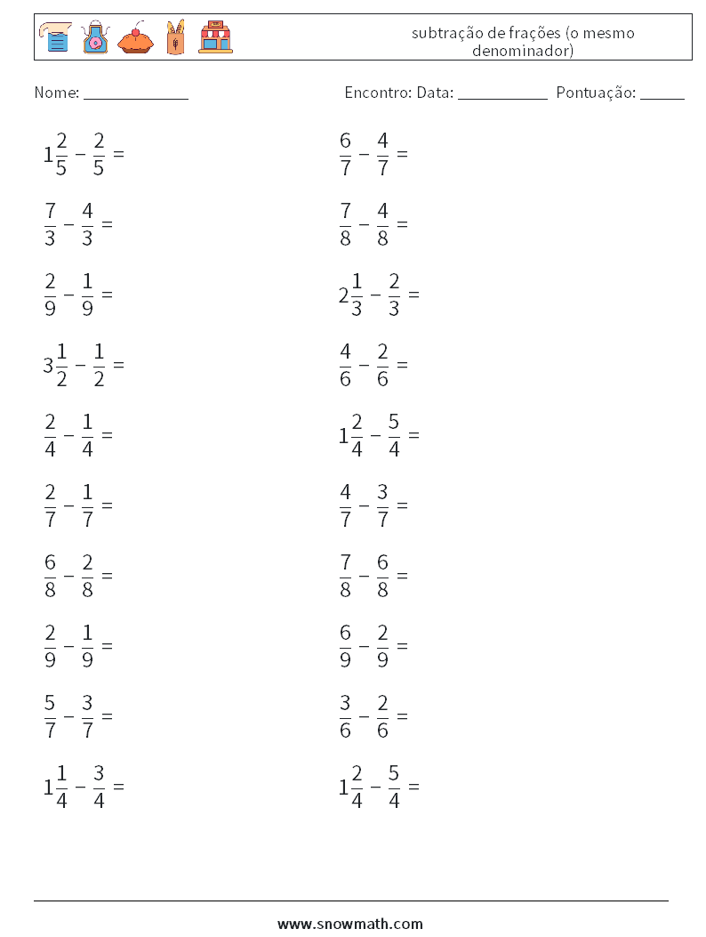 (20) subtração de frações (o mesmo denominador) planilhas matemáticas 14