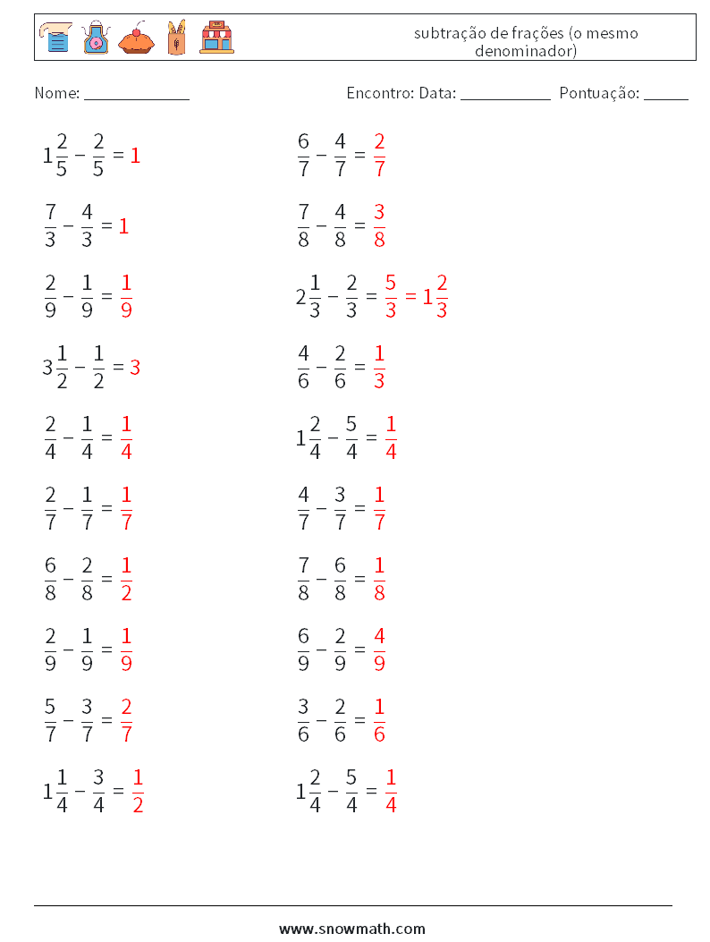 (20) subtração de frações (o mesmo denominador) planilhas matemáticas 14 Pergunta, Resposta