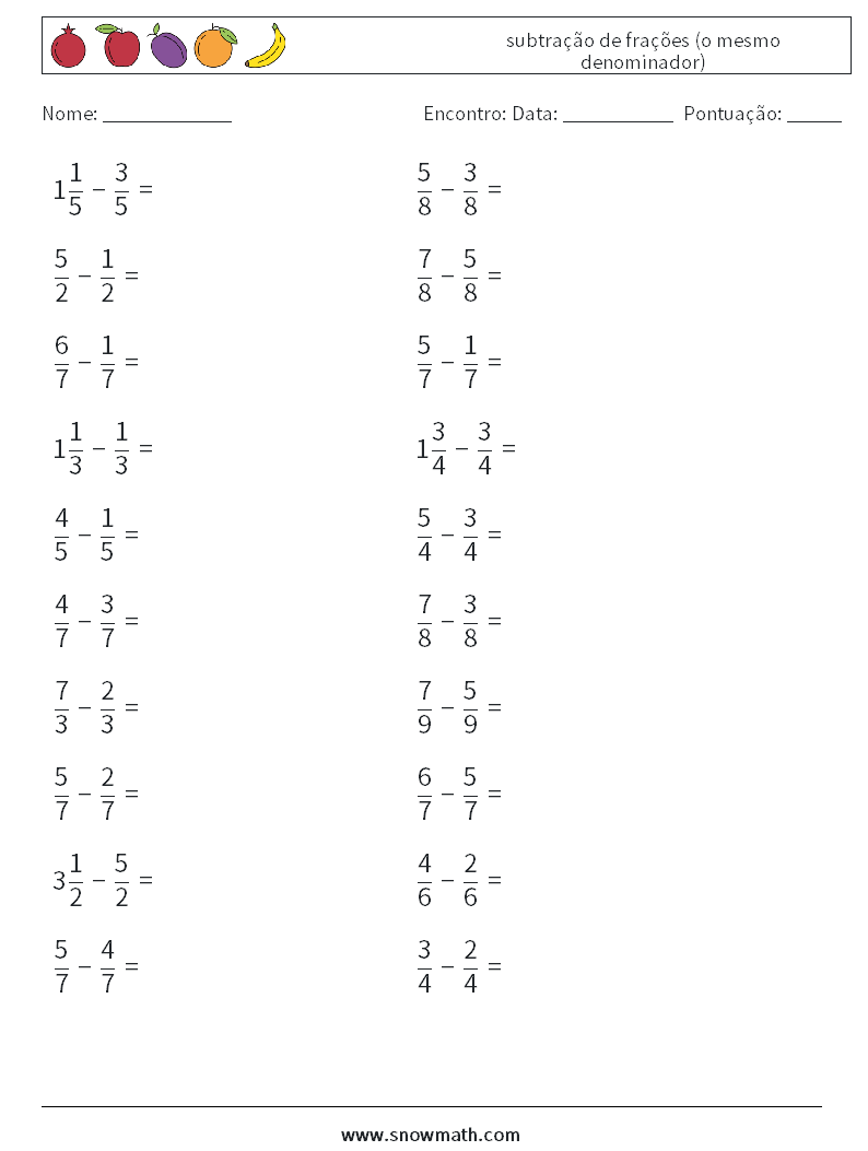 (20) subtração de frações (o mesmo denominador) planilhas matemáticas 15