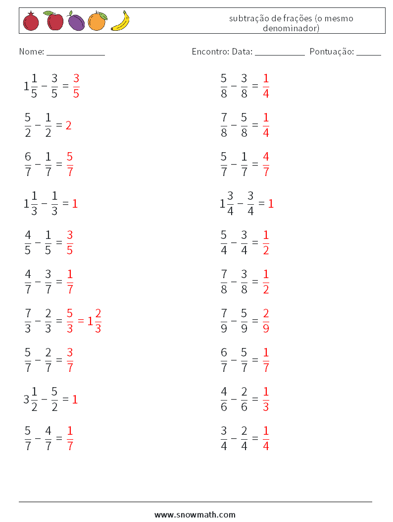 (20) subtração de frações (o mesmo denominador) planilhas matemáticas 15 Pergunta, Resposta