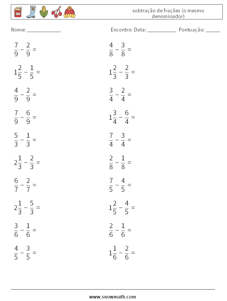 (20) subtração de frações (o mesmo denominador) planilhas matemáticas 16