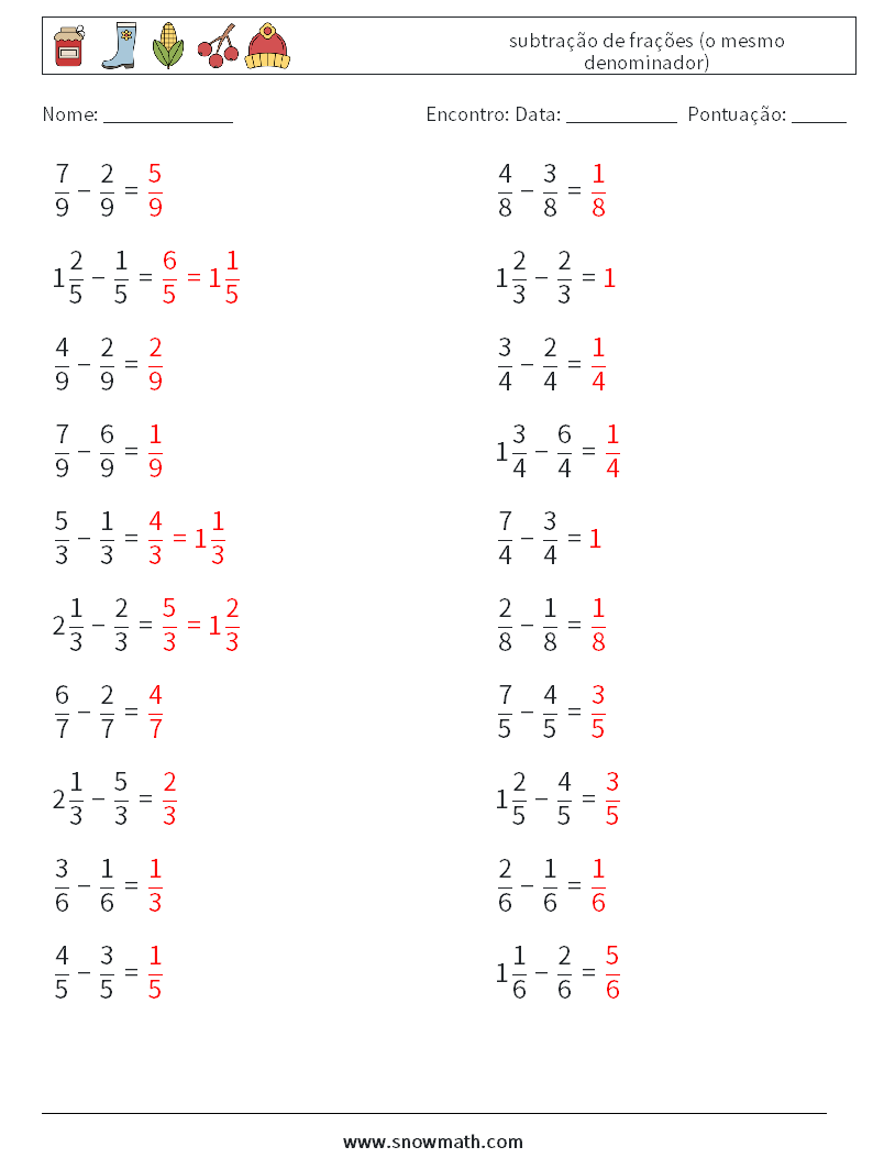 (20) subtração de frações (o mesmo denominador) planilhas matemáticas 16 Pergunta, Resposta