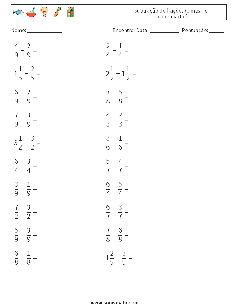 (20) subtração de frações (o mesmo denominador) planilhas matemáticas 17