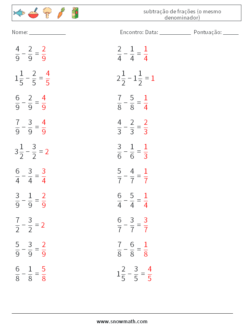 (20) subtração de frações (o mesmo denominador) planilhas matemáticas 17 Pergunta, Resposta