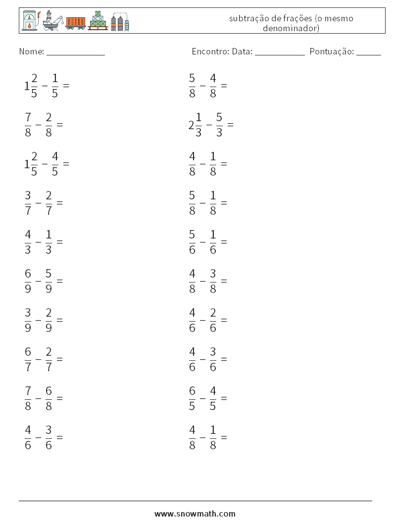 (20) subtração de frações (o mesmo denominador) planilhas matemáticas 18