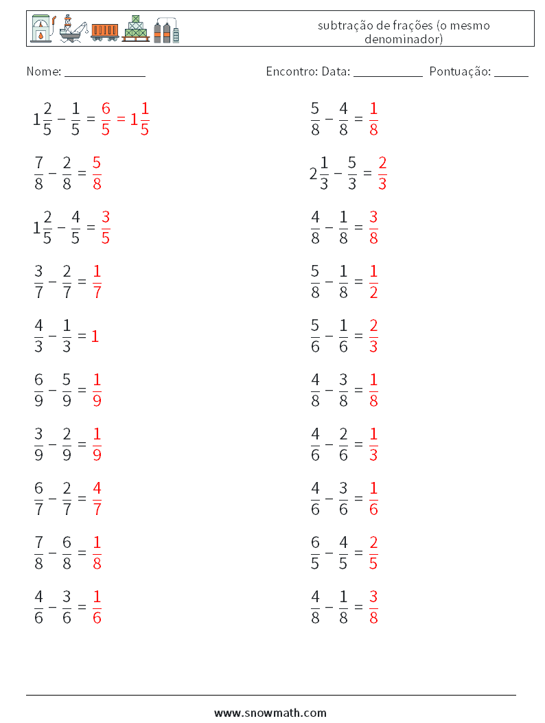 (20) subtração de frações (o mesmo denominador) planilhas matemáticas 18 Pergunta, Resposta
