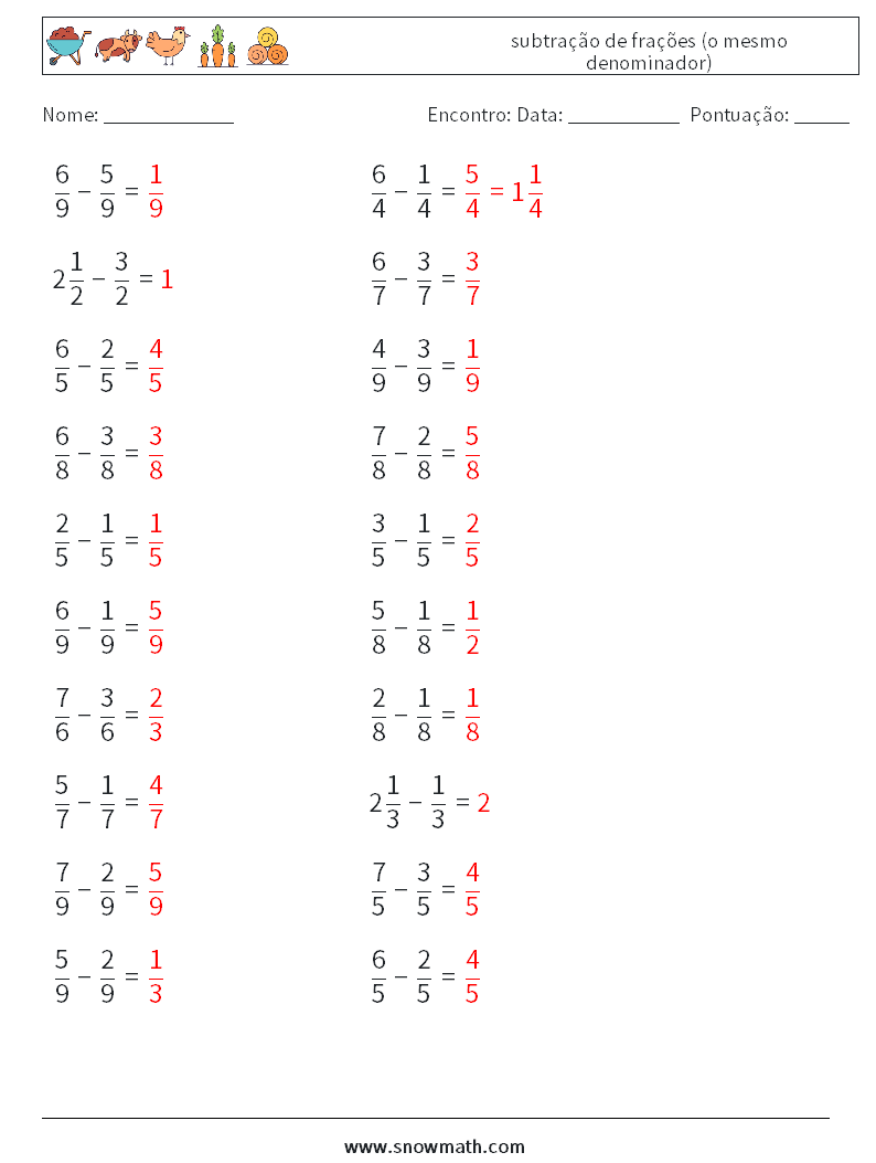 (20) subtração de frações (o mesmo denominador) planilhas matemáticas 1 Pergunta, Resposta