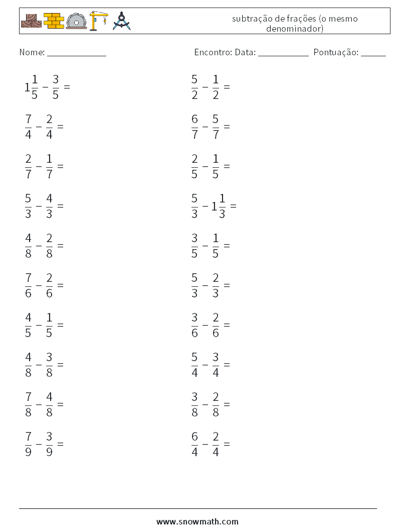 (20) subtração de frações (o mesmo denominador) planilhas matemáticas 2