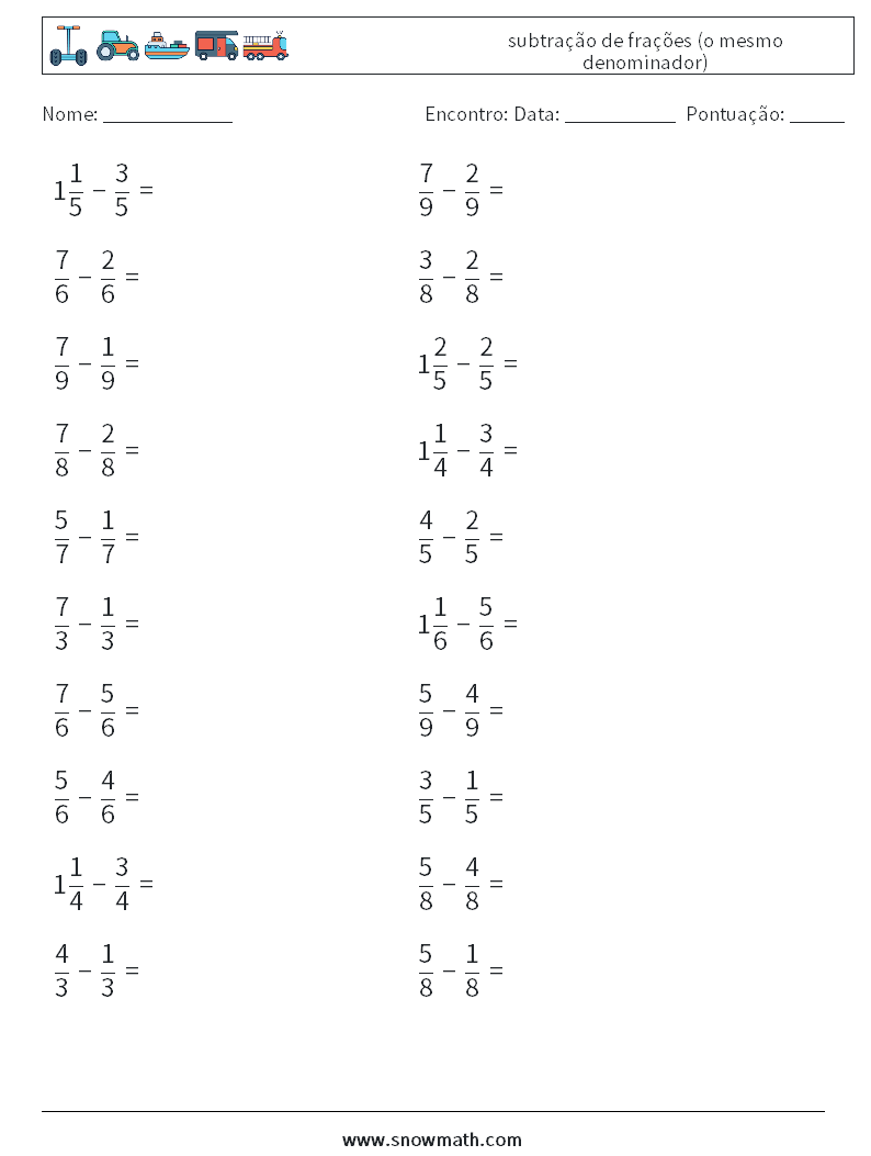 (20) subtração de frações (o mesmo denominador) planilhas matemáticas 3
