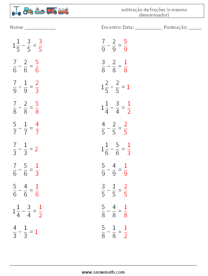 (20) subtração de frações (o mesmo denominador) planilhas matemáticas 3 Pergunta, Resposta