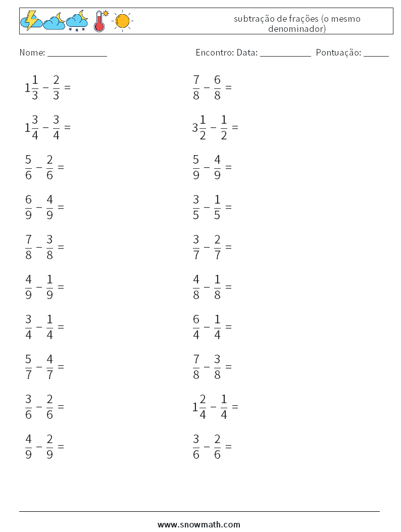 (20) subtração de frações (o mesmo denominador) planilhas matemáticas 4