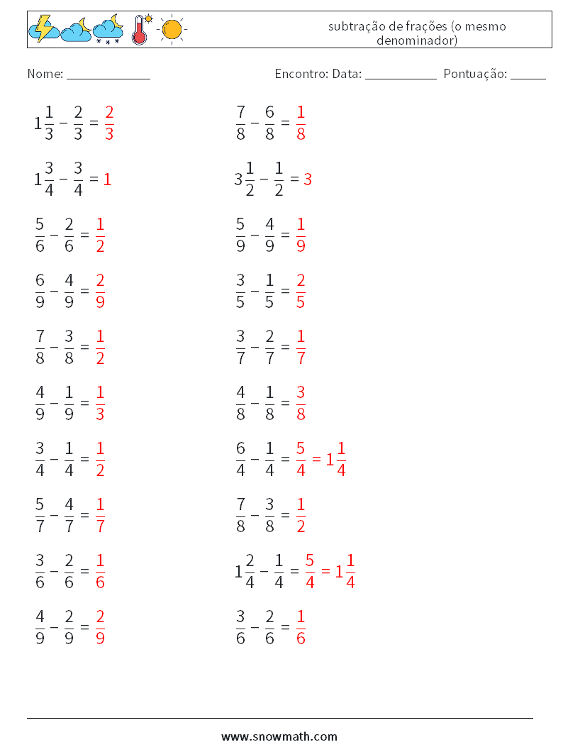 (20) subtração de frações (o mesmo denominador) planilhas matemáticas 4 Pergunta, Resposta
