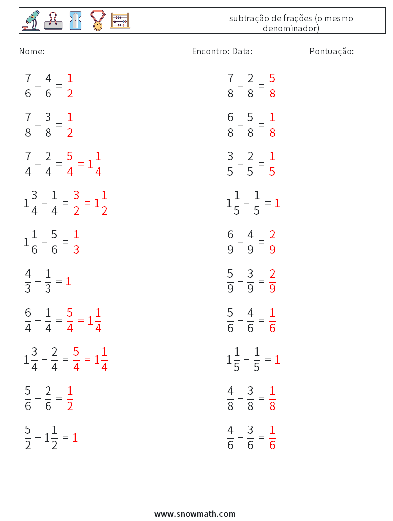 (20) subtração de frações (o mesmo denominador) planilhas matemáticas 5 Pergunta, Resposta