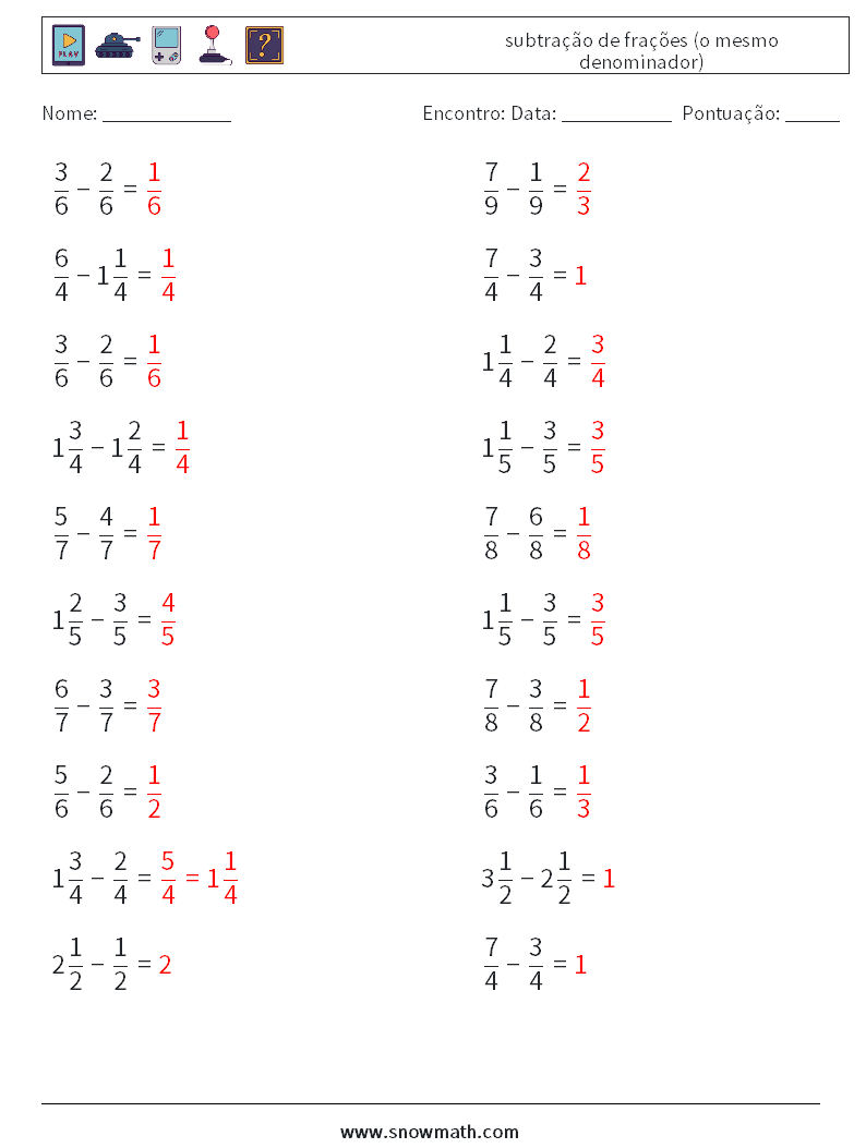(20) subtração de frações (o mesmo denominador) planilhas matemáticas 6 Pergunta, Resposta