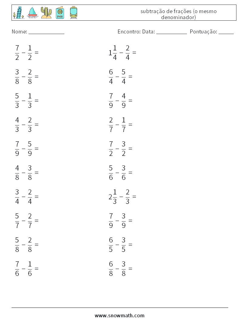 (20) subtração de frações (o mesmo denominador) planilhas matemáticas 7