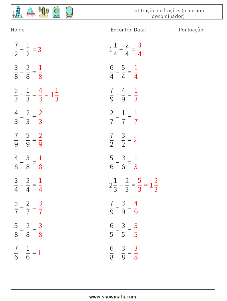 (20) subtração de frações (o mesmo denominador) planilhas matemáticas 7 Pergunta, Resposta
