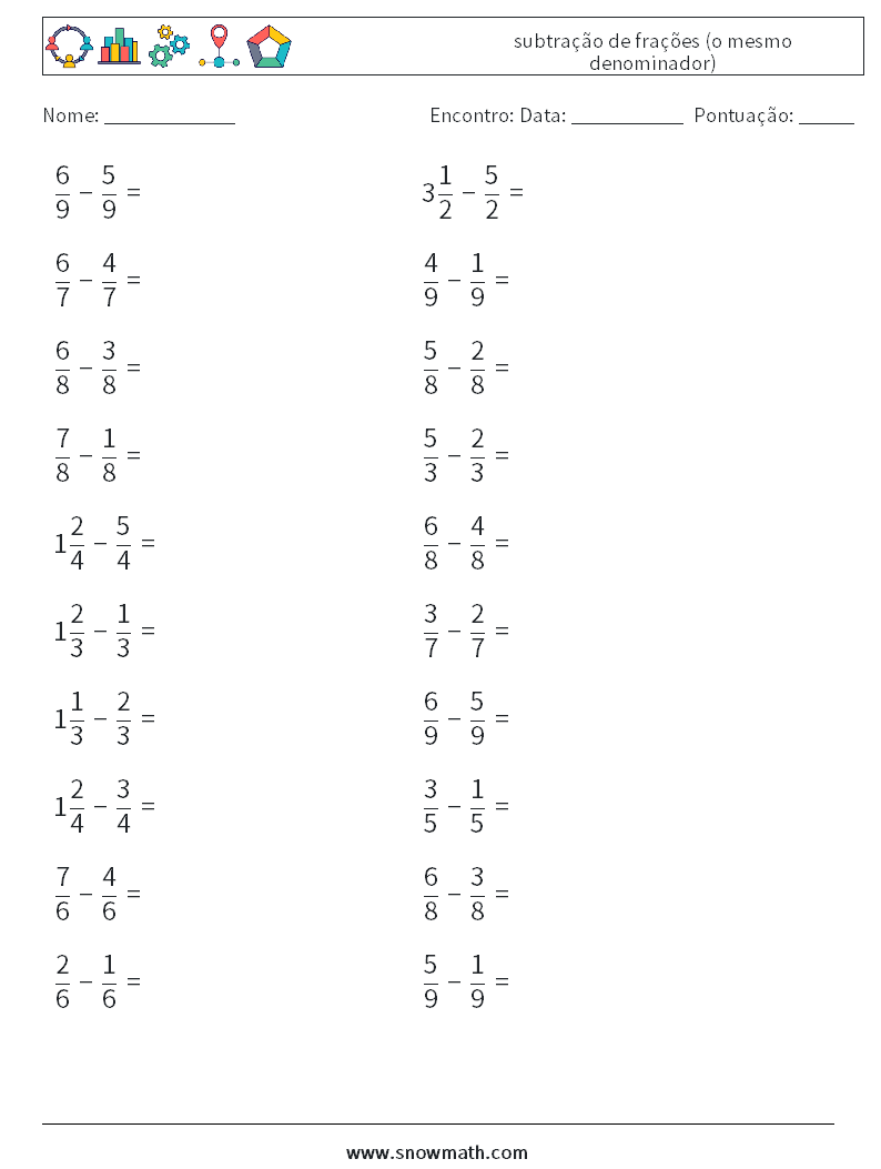 (20) subtração de frações (o mesmo denominador) planilhas matemáticas 8
