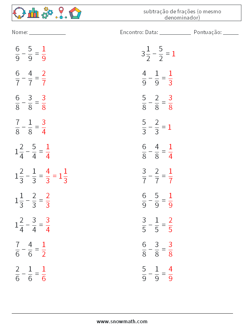 (20) subtração de frações (o mesmo denominador) planilhas matemáticas 8 Pergunta, Resposta