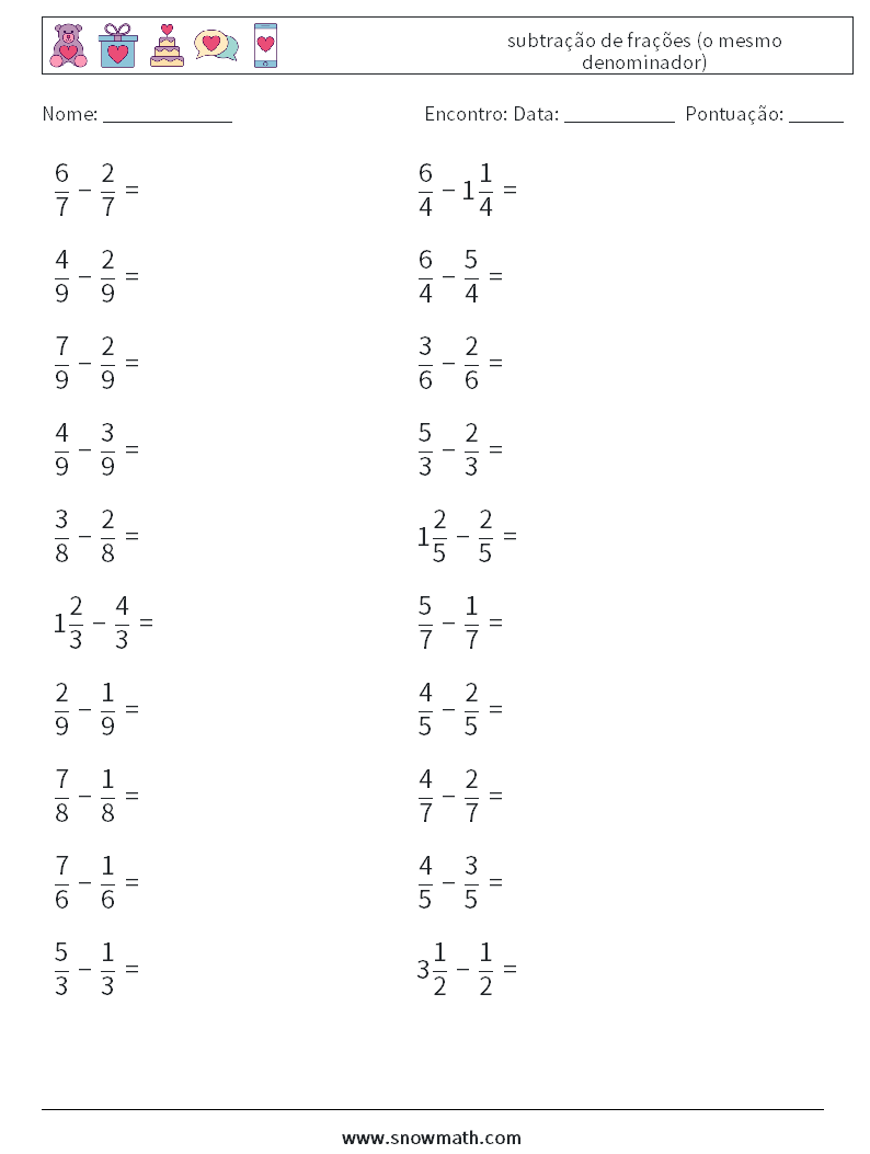 (20) subtração de frações (o mesmo denominador) planilhas matemáticas 9