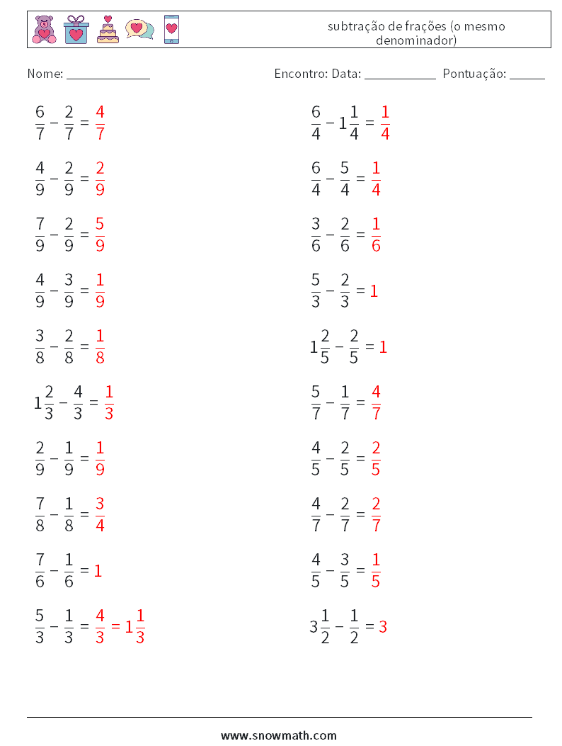 (20) subtração de frações (o mesmo denominador) planilhas matemáticas 9 Pergunta, Resposta