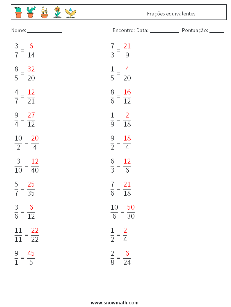 (20) Frações equivalentes planilhas matemáticas 1 Pergunta, Resposta