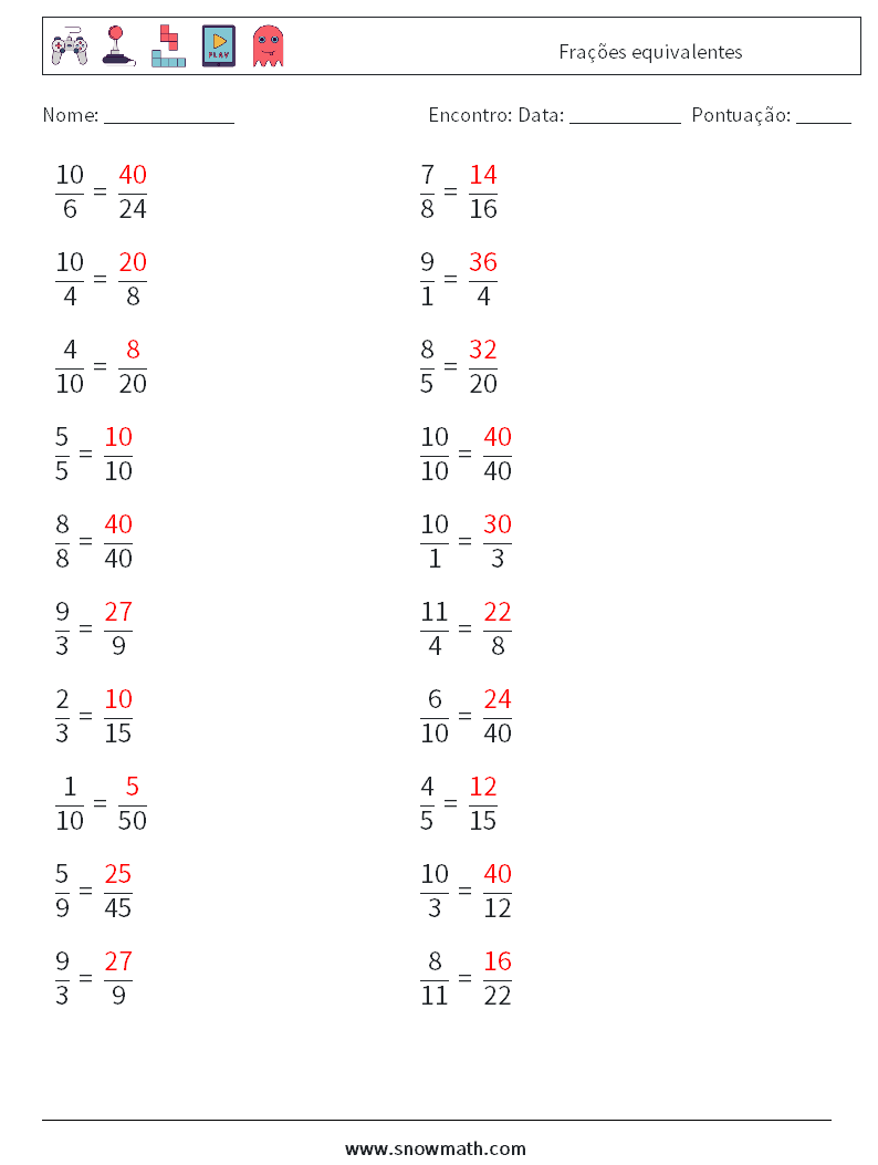 (20) Frações equivalentes planilhas matemáticas 2 Pergunta, Resposta