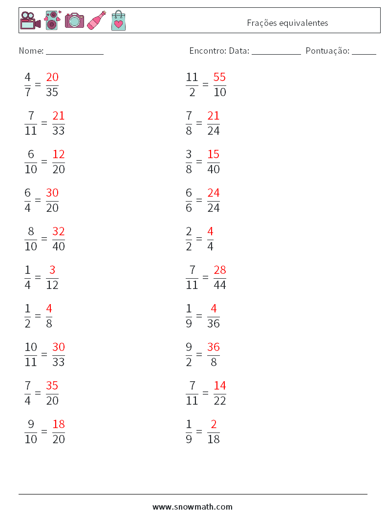 (20) Frações equivalentes planilhas matemáticas 3 Pergunta, Resposta