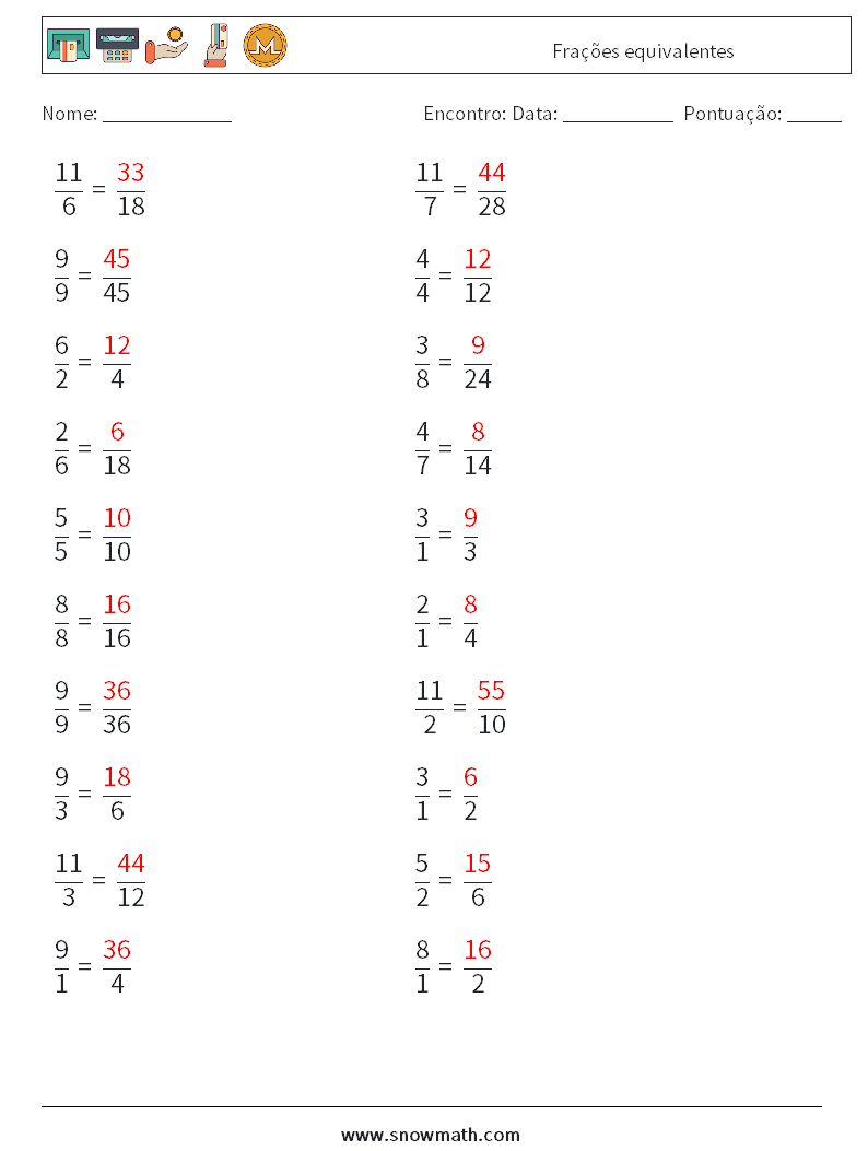 (20) Frações equivalentes planilhas matemáticas 4 Pergunta, Resposta