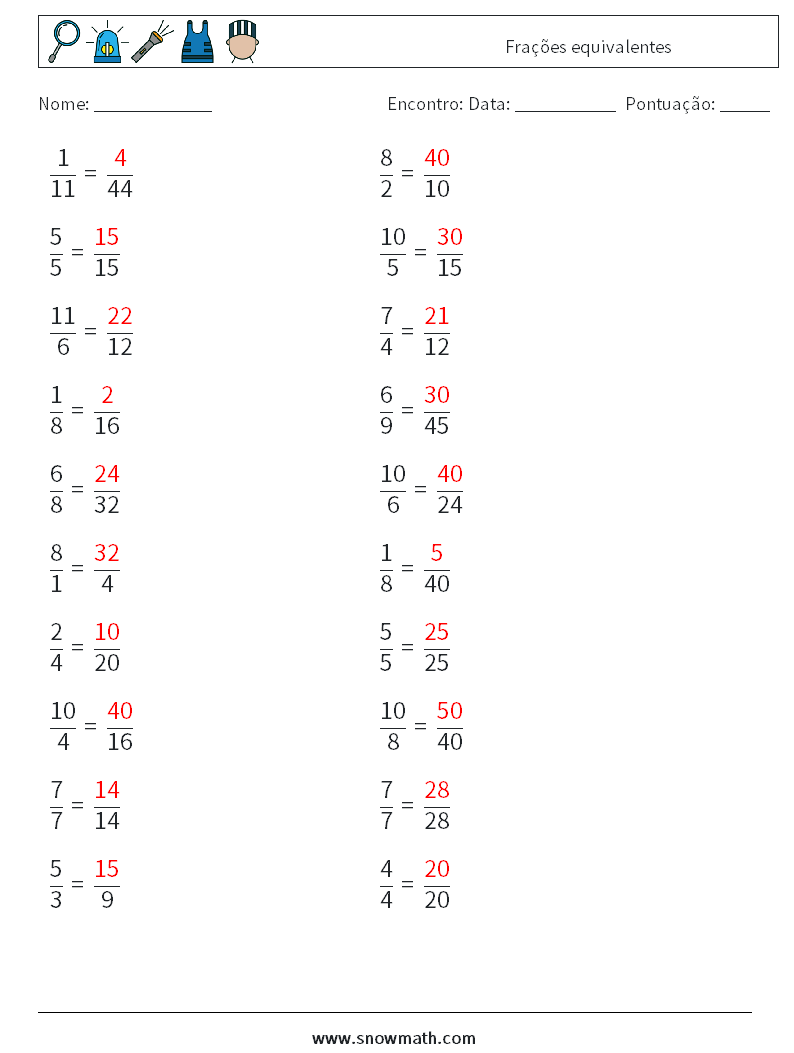 (20) Frações equivalentes planilhas matemáticas 5 Pergunta, Resposta