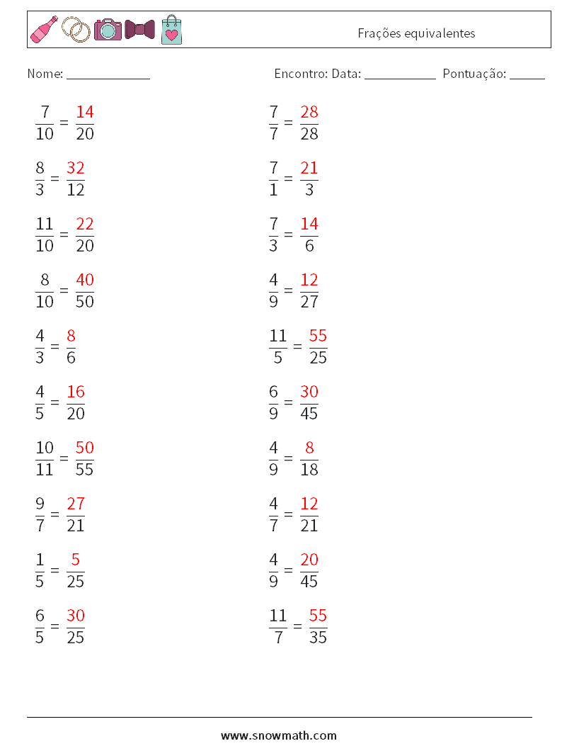 (20) Frações equivalentes planilhas matemáticas 6 Pergunta, Resposta