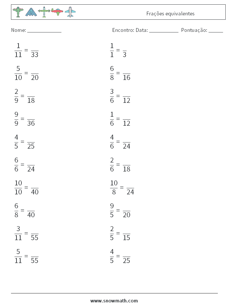 (20) Frações equivalentes planilhas matemáticas 7