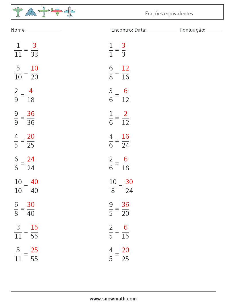 (20) Frações equivalentes planilhas matemáticas 7 Pergunta, Resposta