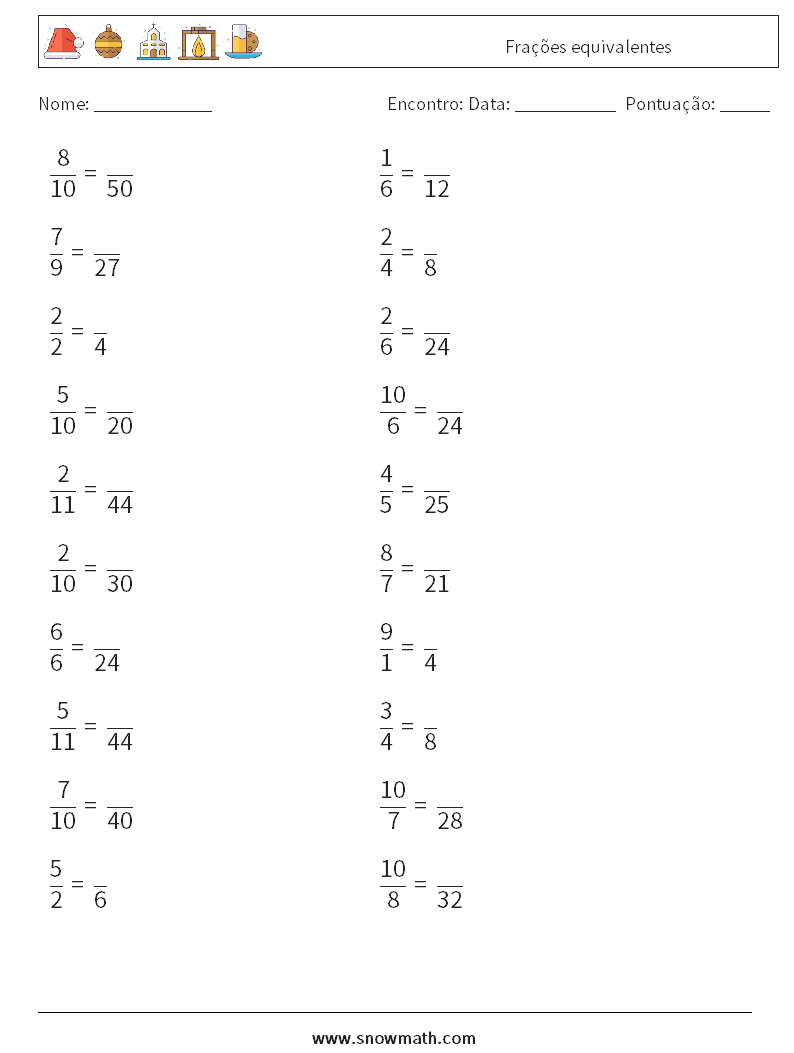 (20) Frações equivalentes planilhas matemáticas 8