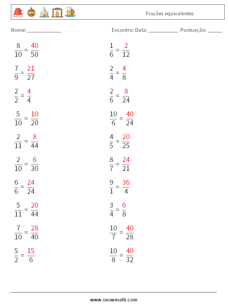 (20) Frações equivalentes planilhas matemáticas 8 Pergunta, Resposta