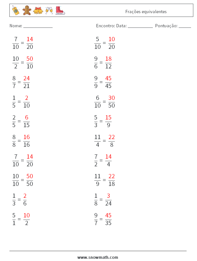 (20) Frações equivalentes planilhas matemáticas 9 Pergunta, Resposta