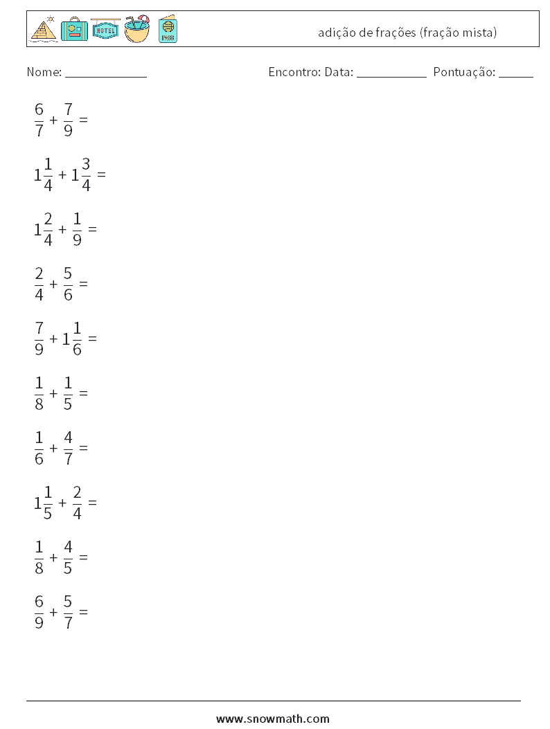 (10) adição de frações (fração mista) planilhas matemáticas 1