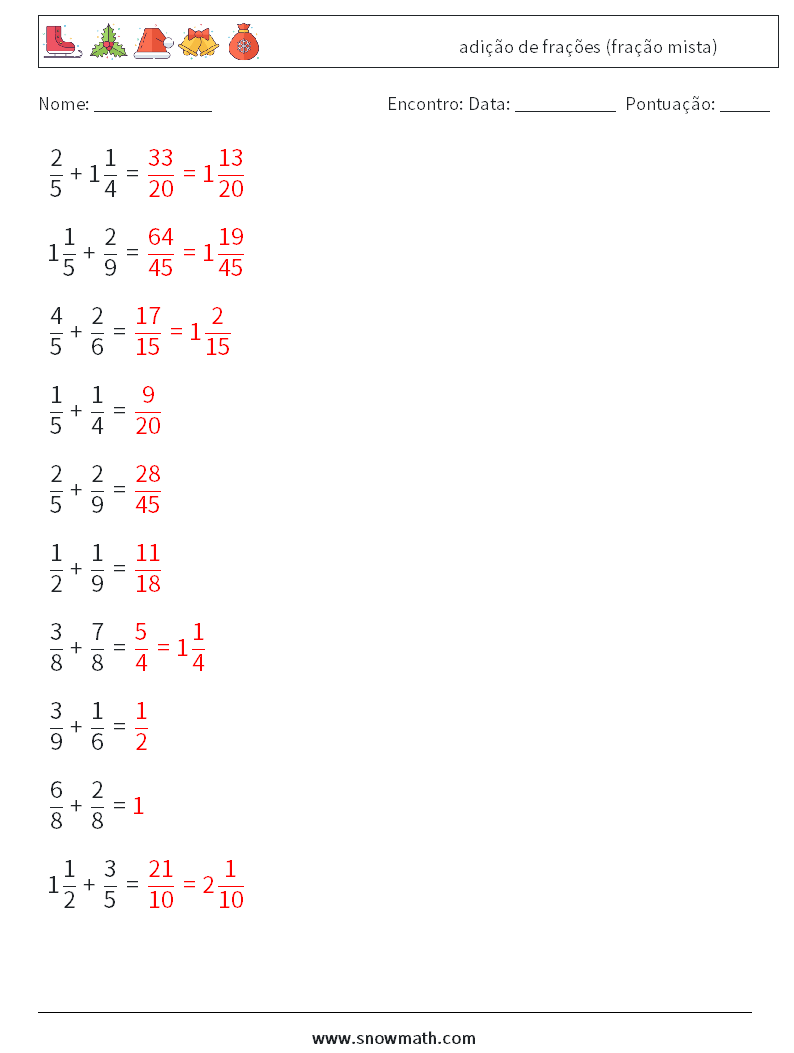 (10) adição de frações (fração mista) planilhas matemáticas 10 Pergunta, Resposta