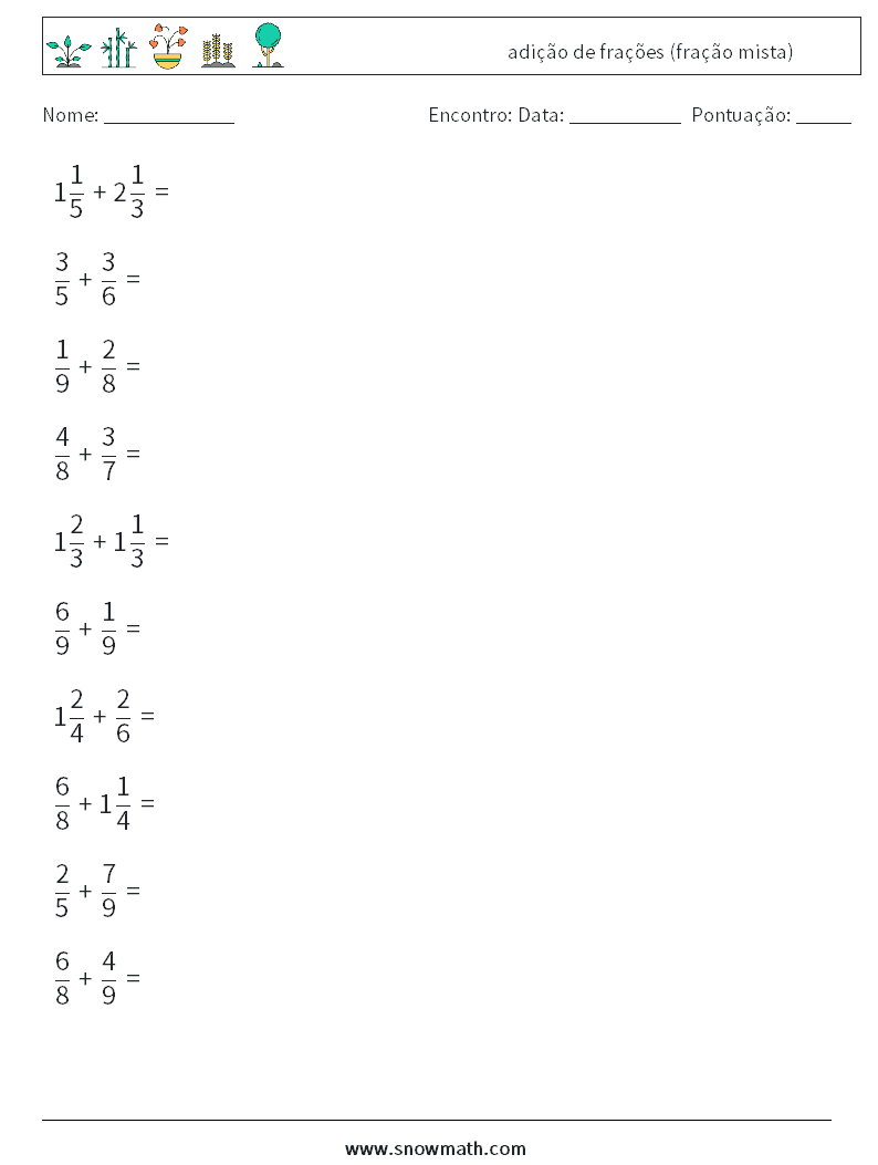 (10) adição de frações (fração mista) planilhas matemáticas 11