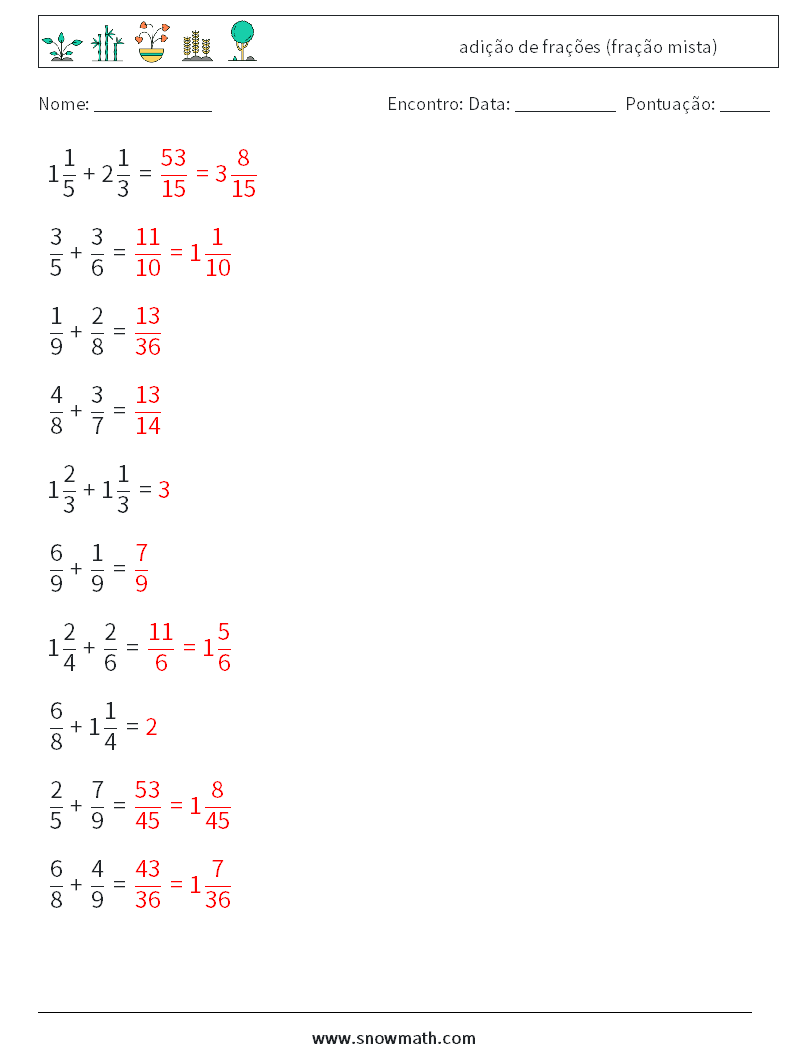 (10) adição de frações (fração mista) planilhas matemáticas 11 Pergunta, Resposta