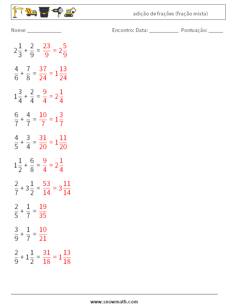 (10) adição de frações (fração mista) planilhas matemáticas 15 Pergunta, Resposta