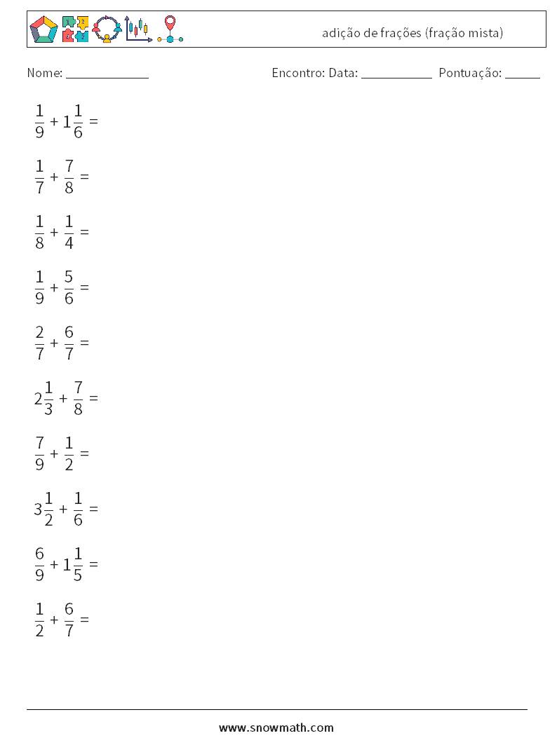 (10) adição de frações (fração mista) planilhas matemáticas 2