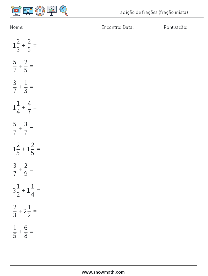 (10) adição de frações (fração mista) planilhas matemáticas 5